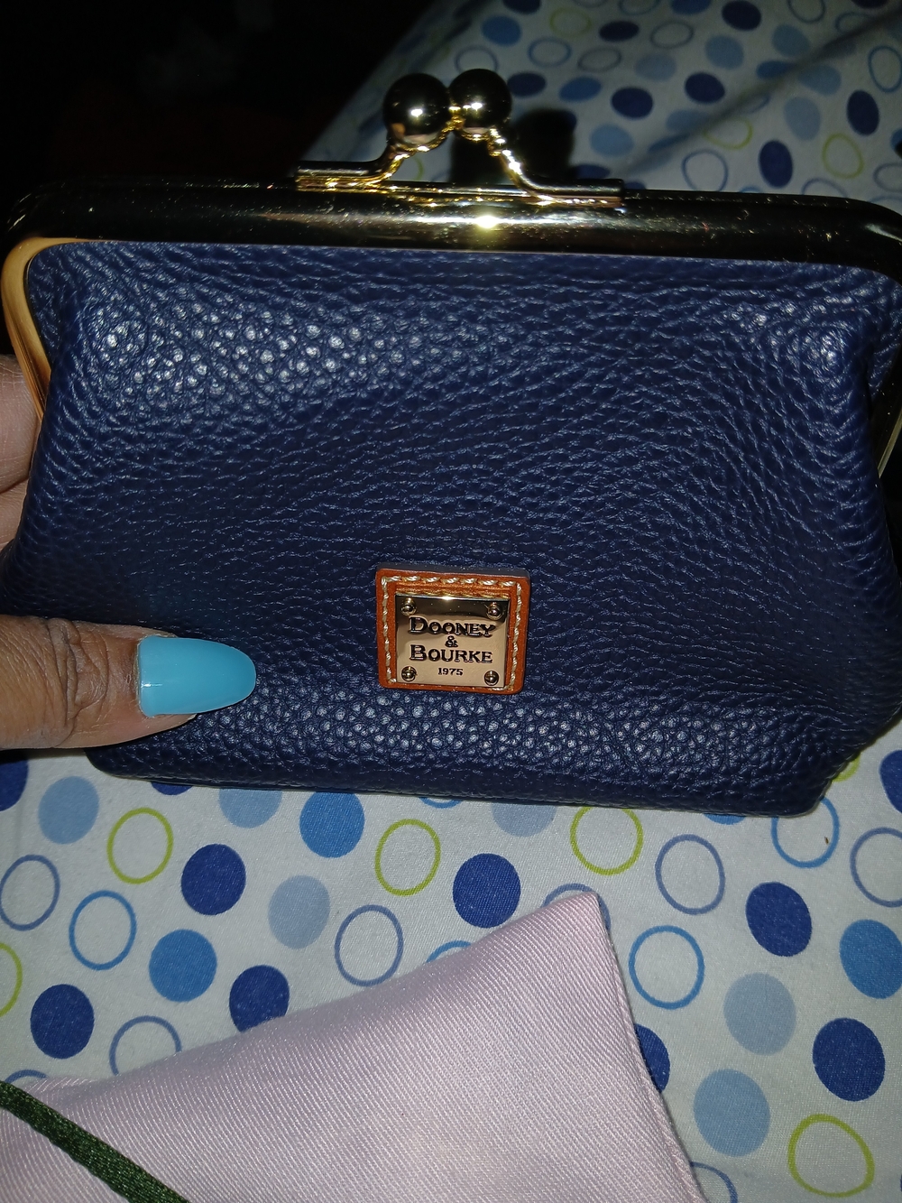 Dooney & Bourke Navy Pebbled Leather Kiss-Lock Coin Wallet with Gold Hardware